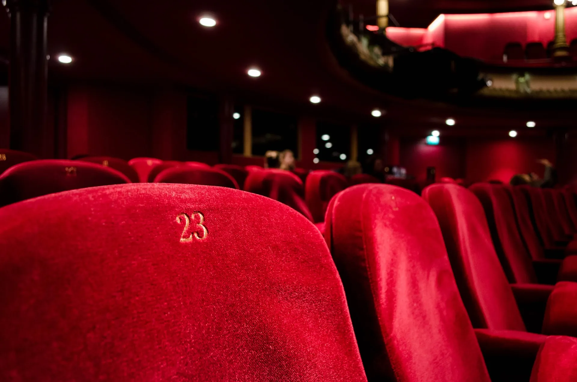 Rows of red velvet theater seats with embroidered seat numbers in an ornate auditorium